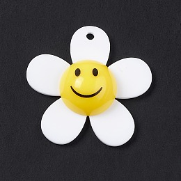 Honeyhandy Opaque Acrylic Pendants, Sunflower with Smiling Face Charm, White, 29x30x9mm, Hole: 1.8mm