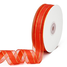 Honeyhandy Solid Color Organza Ribbons, Golden Wired Edge Ribbon, for Party Decoration, Gift Packing, Orange Red, 1"(25mm), about 50yard/roll(45.72m/roll)