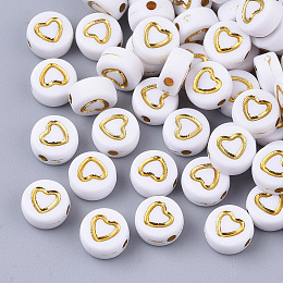 Honeyhandy Plating Acrylic Beads, Metal Enlaced, Flat Round with Heart, Golden Plated, 7x4mm, Hole: 1.5mm, about 3700pcs/500g