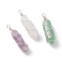 Honeyhandy 3Pcs Natural Amethyst, Natural Green Aventurin and Natural Rose Quartz Pointed Pendants, with Silver Color Plated Eco-Friendly Copper Wire Wrapped, Faceted Bullet, 41x12x11mm, Hole: 3.6mm