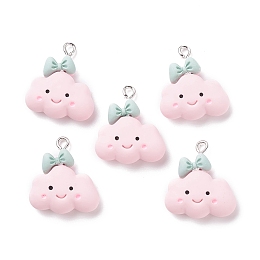 Honeyhandy Opaque Resin Pendants, with Platinum Tone Iron Loops, Smiling Cloud with Bowknot, Pearl Pink, 24.5x22x7.5mm, Hole: 2mm