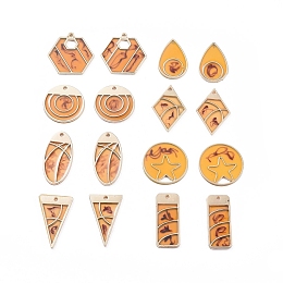 Epoxy Resin Pendants, with Golden Tone Alloy Findings, Flat Round with Star & Hexagon & Inverted Triangle & Rectangle & teardrop, & Oval & Flat Round & Rhombus, Goldenrod, 23~32x13~26.5x1.5~2mm, Hole: 0.8~3.5x5mm, 16pcs/set