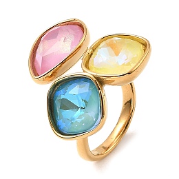 Honeyhandy Teardrop & Square Glass Open Cuff Rings, Real 18K Gold Plated 304 Stainless Steel Ring, Colorful, US Size 7 1/4(17.5mm)