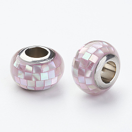 Honeyhandy 304 Stainless Steel Resin European Beads, with Shell and Enamel, Rondelle, Large Hole Beads, Lavender Blush, 12x8mm, Hole: 5mm