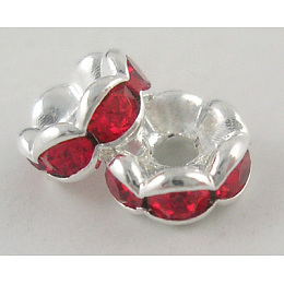 Honeyhandy Brass Rhinestone Spacer Beads, Grade A, Red Rhinestone, Silver Color Plated, Nickel Free, about 8mm in diameter, 3.8mm thick, hole: 1.5mm