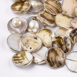 Honeyhandy Keshi Shell Pearl Pendants, Flat Round, Seashell Color, 19~20x5~10mm, Hole: 1.2mm