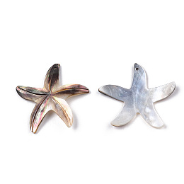 Honeyhandy Natural Sea Shell Pendants, Starfish Charms, 34.5~37.5x37~38.5x2mm, Hole: 1.2mm