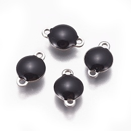 Honeyhandy 304 Stainless Steel Enamel Links connectors, Enamelled Sequins, Flat Round, Stainless Steel Color, Black, 12x8x4mm, Hole: 1.4mm