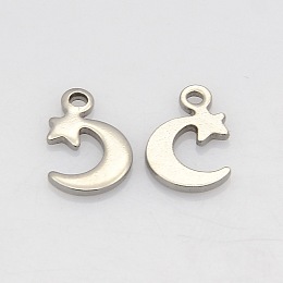 Honeyhandy 304 Stainless Steel Moon and Star Charms, Stainless Steel Color, 11x7x1mm, Hole: 1mm