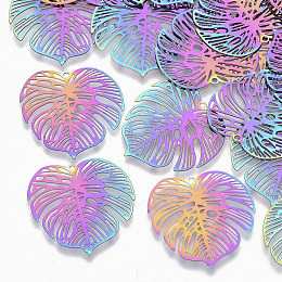 Honeyhandy Ion Plating(IP) 201 Stainless Steel Filigree Pendants, Etched Metal Embellishments, Tropical Leaf Charms, Monstera Leaf, Rainbow Color, 26x26x0.3mm, Hole: 1.2mm