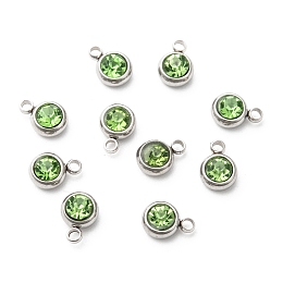 Honeyhandy 201 Stainless Steel Rhinestone Charms, August Birthstone Charms, Flat Round, Stainless Steel Color, Peridot, 8.5x6x3mm, Hole: 1.5mm