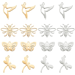 Unicraftale 16Pcs 8 Style 201 Stainless Steel Pendants, Laser Cut, Mixed Shape, Golden & Stainless Steel Color, 9~15.5x12~17x1~1.5mm, Hole: 1.4mm, 2pcs/style