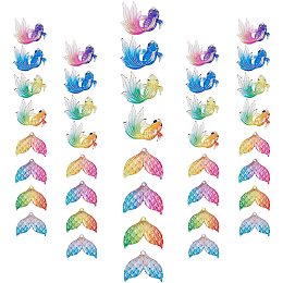 SUNNYCLUE 48Pcs 8 Styles Goldfish Charms Colorful Fish Tail Pendants Sea Animal Fishtail Mermaid Transparent Acrylic Golden Printed Charm for DIY Necklaces Making Crafts Supplies