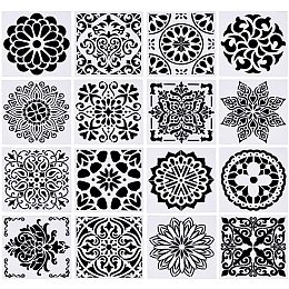 Plastic Drawing Painting Stencils Templates, Floral, White, 15x15x0.02cm; 16pcs/set