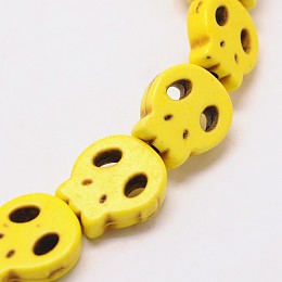 Skull Synthesis Turquoise Beads Strands, Dyed, Yellow, 28x25x4mm, Hole: 1mm, about 14pcs/strand, 15.7 inch