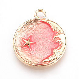 Alloy Enamel Pendants, Cadmium Free & Lead Free, Flat Round with Moon and Star, Golden, Salmon, 27x23x2mm, Hole: 3mm