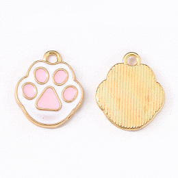 Honeyhandy Alloy Enamel Pendants, Cat Paw Print, Light Gold, Pearl Pink, 16.8x14.1x1.5mm, Hole: 1.8mm