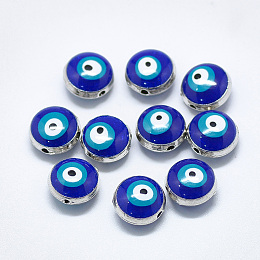 Honeyhandy Alloy Beads, with Enamel, Flat Round with Evil Eye, Platinum, Blue, 10x6mm, Hole: 1.2mm