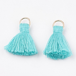 Honeyhandy Polycotton(Polyester Cotton) Tassel Pendant Decorations, with Iron Findings, Light Gold, Turquoise, 20~30x7~8mm, Hole: 5mm