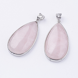 Honeyhandy Natural Rose Quartz Big Pendants, with Platinum Tone Brass Findings, Lead Free & Nickel Free, Teardrop, 50x26x9mm, Hole: 5x6mm