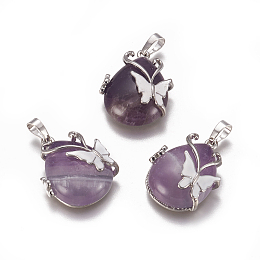 Honeyhandy Natural Amethyst Pendants, with Enamel and Brass Findings, teardrop, with Butterfly, Platinum, 30x23.5x12mm, Hole: 10x6mm