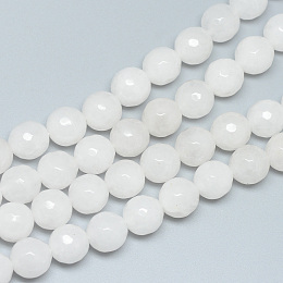 Honeyhandy Glass Beads Strands, Faceted, Round, White, 8~9mm, Hole: 1mm, about 45~47pcs/strand, 14.4~15.2 inch