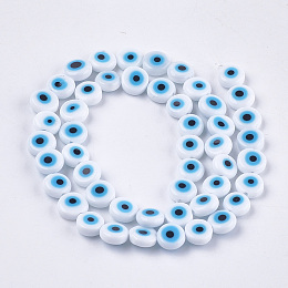 Honeyhandy Handmade Evil Eye Lampwork Beads Strands, Flat Round, Creamy White, 7.5~8x3~4mm, Hole: 1mm, about 48pcs/strand, 13.7 inch~14.9 inch