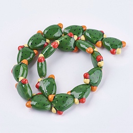 Honeyhandy Handmade Porcelain Beads, Cactus, Green, 21x19x9mm, Hole: 1.5mm