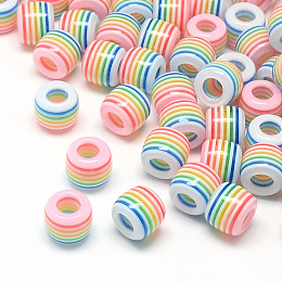 Honeyhandy Opaque Stripe Resin Beads, Large Hole Beads, Barrel, Pink, 11x10.5mm, Hole: 6mm