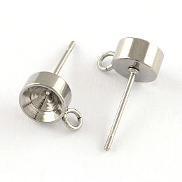 Honeyhandy 201 Stainless Steel Stud Earring Settings, with Loop and 304 Stainless Steel Pins, Stainless Steel Color, Fit for 6mm rhinestone, 6mm, Hole: 2mm, Pin: 0.8mm