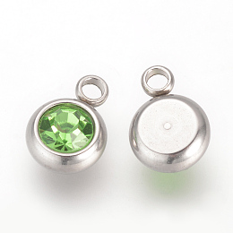 Honeyhandy 201 Stainless Steel Rhinestone Charms, Flat Round, Peridot, 8.5x6x3mm, Hole: 1.5mm