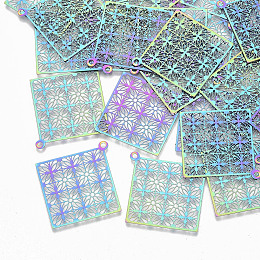 NBEADS 201 Stainless Steel Filigree Pendants, Etched Metal Embellishments, Rhombus, Multi-color, 38x36x0.3mm, Hole: 1.6mm; Diagonal Length: 38mm; Side Length: 26mm