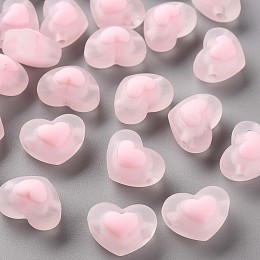 Honeyhandy Transparent Acrylic Beads, Frosted, Bead in Bead, Heart, Pink, 13x17x9.5mm, Hole: 2.5mm