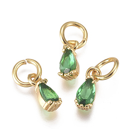 Honeyhandy Brass Micro Pave Cubic Zirconia Charms, with Jump Ring, Long-Lasting Plated, Real 18K Gold Plated, Faceted, Teardrop, Green, 8x3x3mm, Hole: 3mm