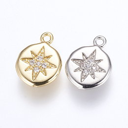 Honeyhandy Brass Charms, with Cubic Zirconia, Flat Round with Star, Mixed Color, 13x9.5x2mm, Hole: 1mm