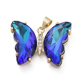 Honeyhandy Brass Micro Pave Clear Cubic Zirconia Pendants, with Glass, Butterfly, Golden, Blue, 20x26.5x5mm