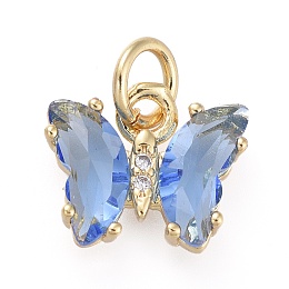 Honeyhandy Brass Micro Pave Clear Cubic Zirconia Pendant, with Glass, Butterfly, Golden, Cornflower Blue, 11x9.5x3mm, Hole: 3.5mm