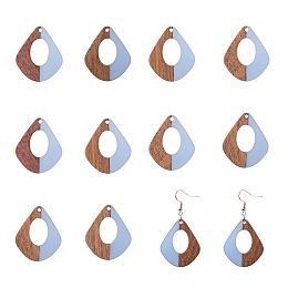 Ornaland Resin & Wood Pendants, teardrop, Cornflower Blue, 32.5x27.5x2.5~4mm, Hole: 1.5mm, 10pcs/box