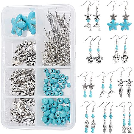 SUNNYCLUE DIY Ocean Theme Earring Making, with Synthetic Turquoise Beads, Brass Earring Hooks, Alloy Beads and Pendants, Antique Silver, 146pcs/box