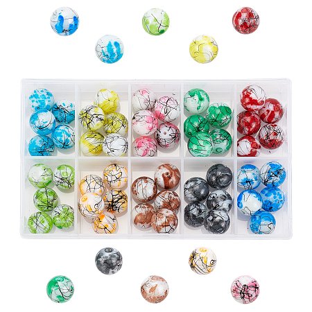 Drawbench & Baking Painted Glass Beads, Round, Mixed Color, 16mm, Hole: 1.5mm; 10 colors, about 5~8pcs/color, 65~70pcs/box