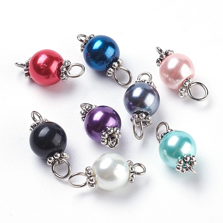 Honeyhandy Pearlized Glass Pearl Links connectors, with Tibetan Style Alloy Bead Spacers and Iron Eye Pin, Round, Mixed Color, Antique Silver & Platinum, 17x8mm, Hole: 2mm and 3mm