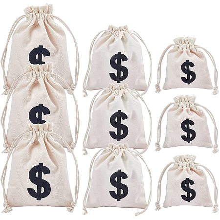 CHGCRAFT 9Pcs 3 Sizes Canvas Money Bag Pouch with Drawstring Closure Canvas Cloth Dollar Sign Carrying Sack for Toy Party Favor