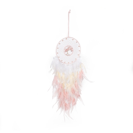 Honeyhandy Iron Woven Web/Net with Feather Pendant Decorations, with Plastic and Strawberry Quartz Stone Beads, Covered with Leather Cord, Flat Round with Tree of Life, Pink, 680mm
