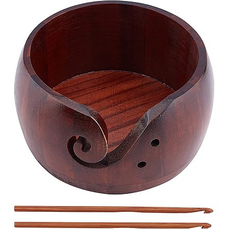 GORGECRAFT Wooden Yarn Bowl Wood Crocheting Holder Basket Handmade Knitting Round Crochet Wool Storage Bowls Grandmothers Moms Sewing Tools Crochet Hooks Dark Brown for Mother's Day Home Crafts