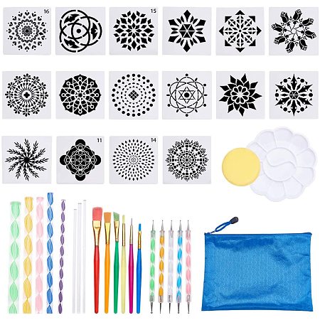 BENECREAT 37 Sets Mandala Painting Dotting Tools Drawing Painting Stencils Brushes Paint Tray with Blue Zip Bags for Painting Rocks Coloring Drawing and Drafting Art Supplies