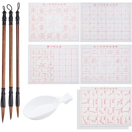 PandaHall Elite 10pcs No Ink Chinese Calligraphy Set, Gridded Brush Water Writing Cloth Paper with Sienna Chinese Traditional Calligraphy Brushes and Water Dish for Beginners Practice