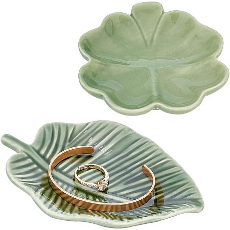 PandaHall Elite 2pcs Leaf Trinket Dish 2 Style Decorative Ring Dish Holder Leaf Shaped Ring Holder Porcelain Jewelry Plate Jewelry Dish Tray for Rings Earrings Jewelry Keys Plant Themed Bathrooms