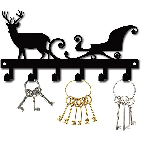 CREATCABIN Metal Key Holder Elk Antlers Sled Christmas Black Key Hooks Wall Mount Hanger Iron Hanging Organizer Rock 6 Hooks for Home Housewarming Gift Entryway Cabinet Hat Towel 10.6 x 5.5inch