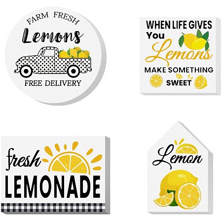 Arricraft 4pcs/Set Wood Sign Lemon Theme Tiered Tray Decor Set Self Standing 3D Wood Sign for Craft Projects Signs DIY Projects Square Round Rectangle Polygon 3.9x3.9in