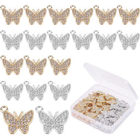 SUPERFINDINGS 60Pcs 2 Colors Alloy Butterfly Rhinestones Pendants Silver and Light Gold Insect Charms with Crystal Hanging Charms for DIY Necklace Jewelry Making and Decoration,Hole: 1.6mm